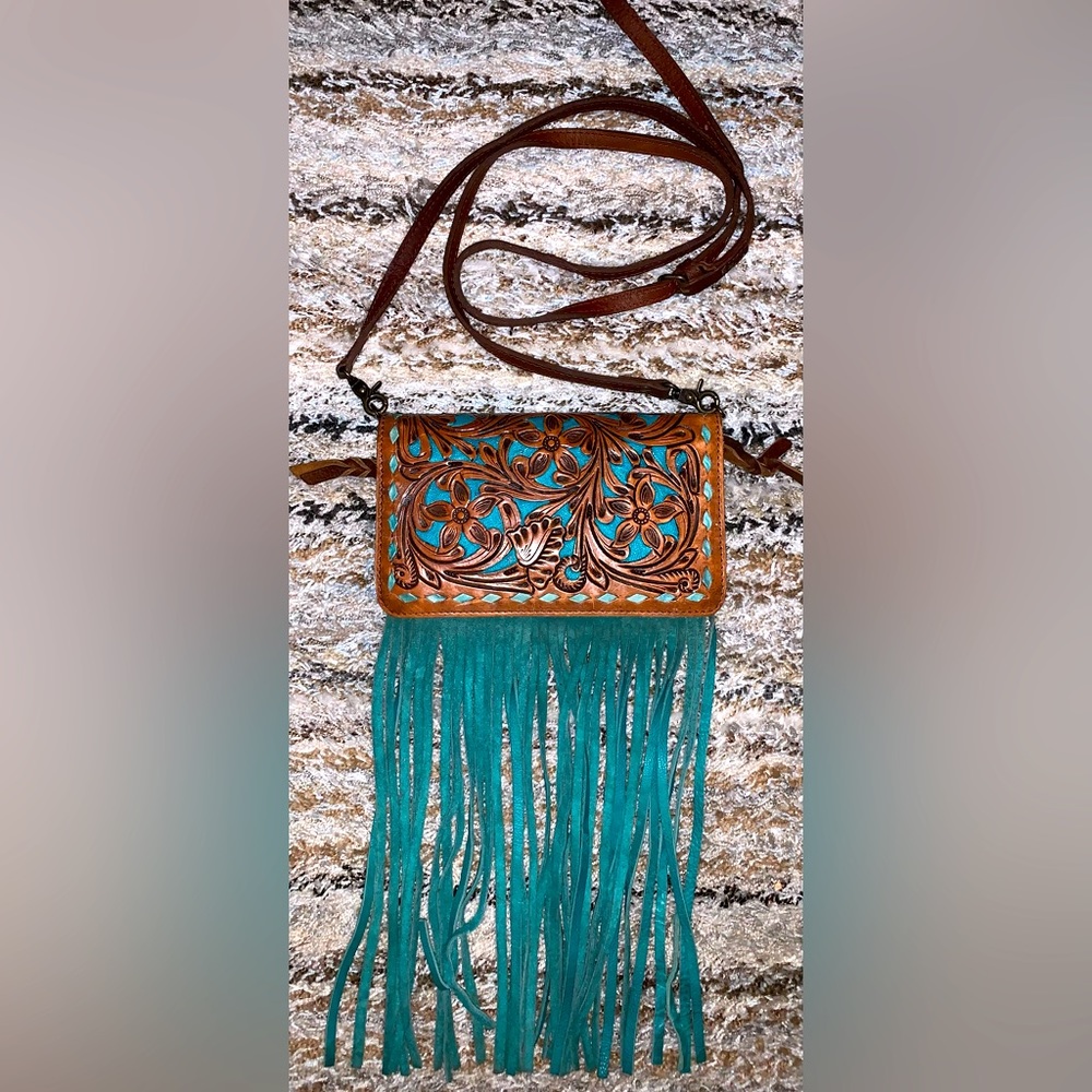 Leather Tooled Fringed Crossbody